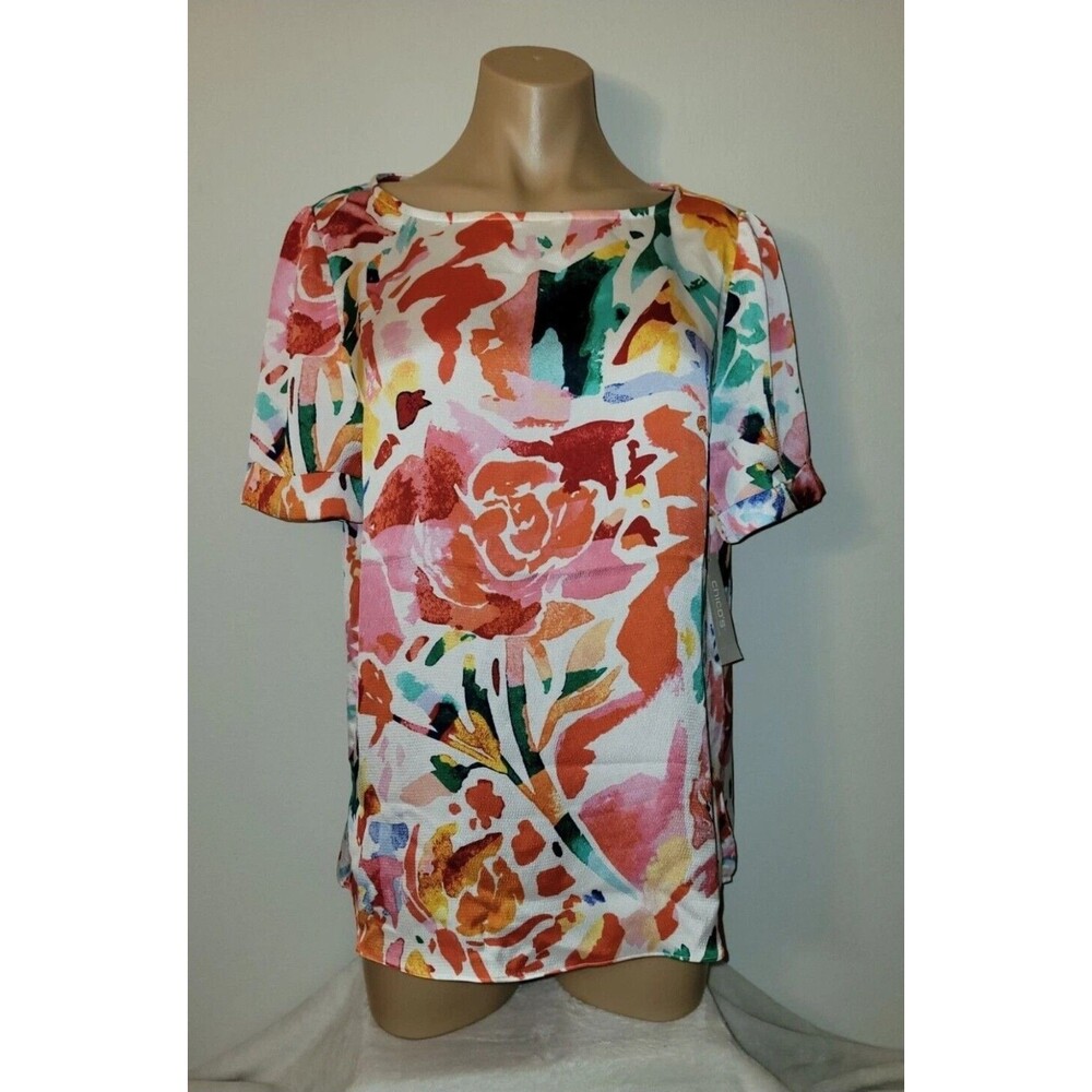 Chicos Blouse Large 11/12 Bright Muticolor Rosette FloralbSleeve Roll Sleeve